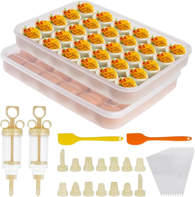 FACULX 3 Pack Deviled Egg Containers with Lid and 8 Pcs Deviled Egg Injector Piping Tool, Egg Organizer for Refrigerator, Fridge Stackable Countertop Portable Egg Platter (transparent-2 packs) - Image 1